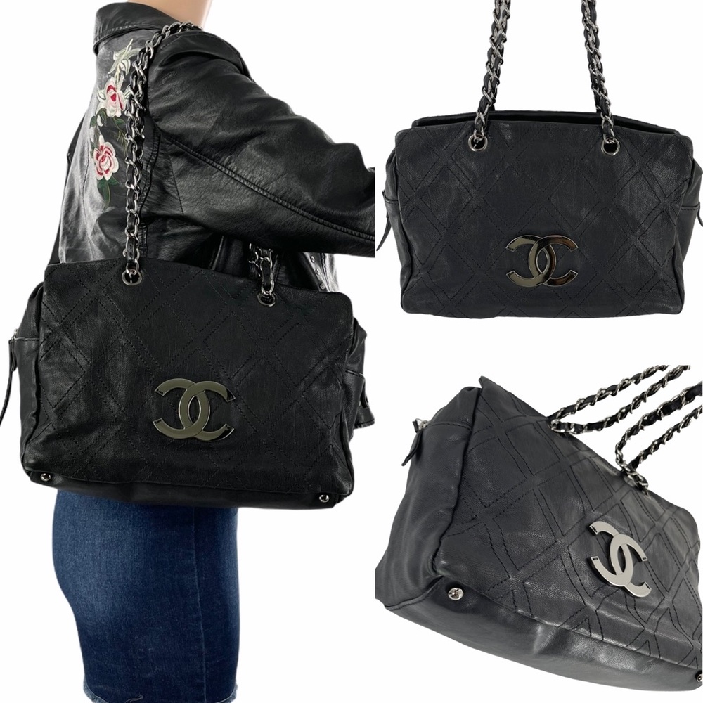 CHANEL CC Diamond Stitch Chain Tote Bag Black